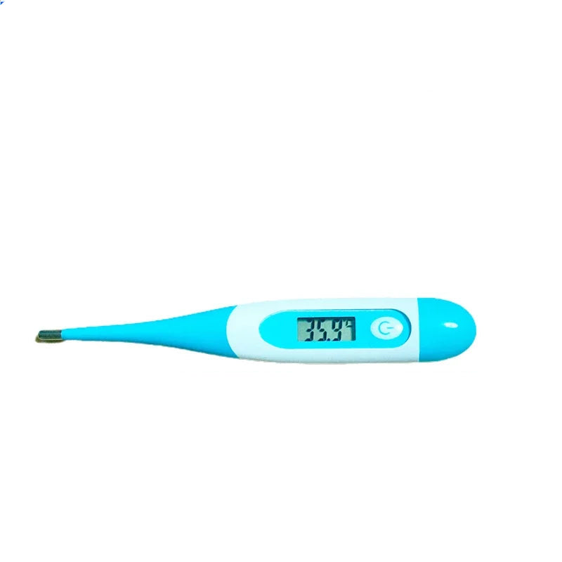 Aqua blue and white digital pet thermometer with LCD temperature display, power button and metal probe tip