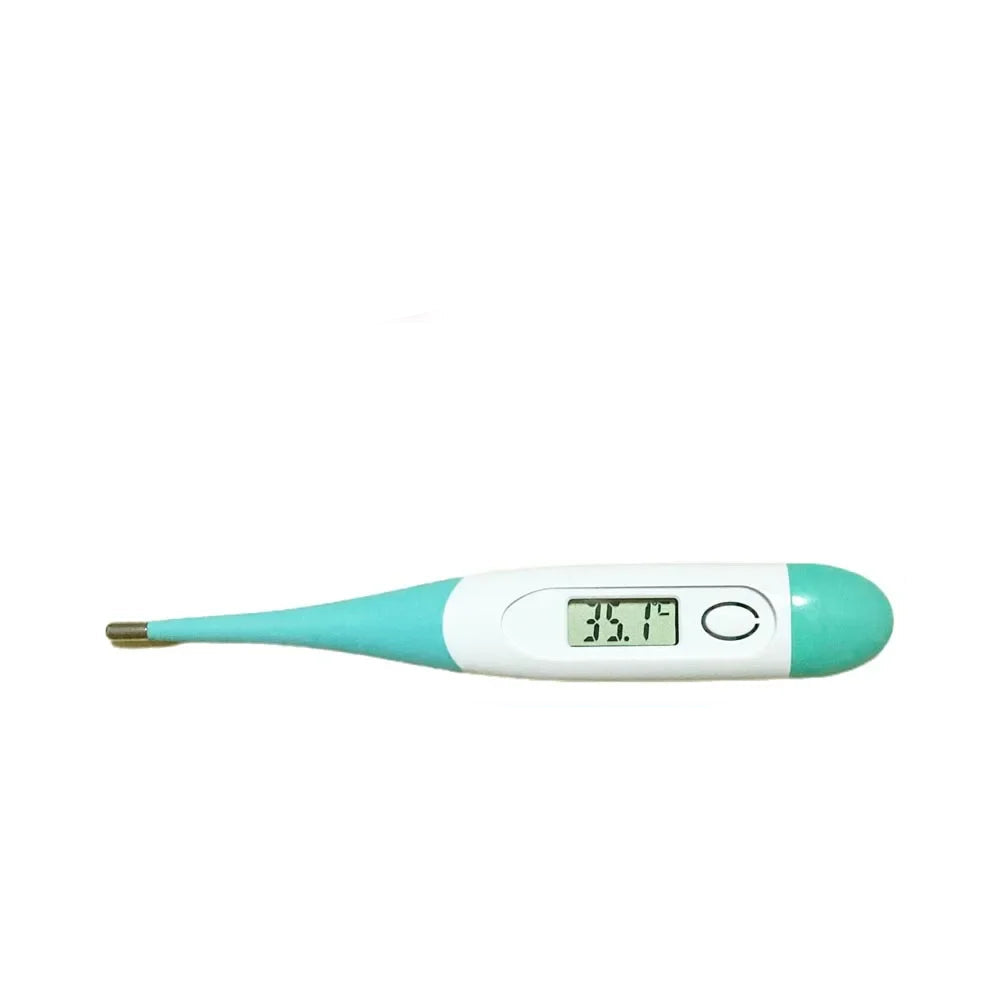 Aqua green and white digital pet thermometer with LCD temperature display, power button and metal probe tip