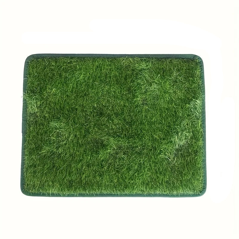 Top view of a rectangular artificial grass dog potty training mat with a green border
