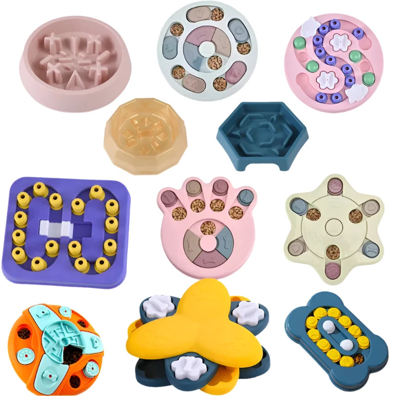 Assorted interactive dog puzzle feeders in multiple shapes, colours and treat compartment designs for enrichment and slow feeding
