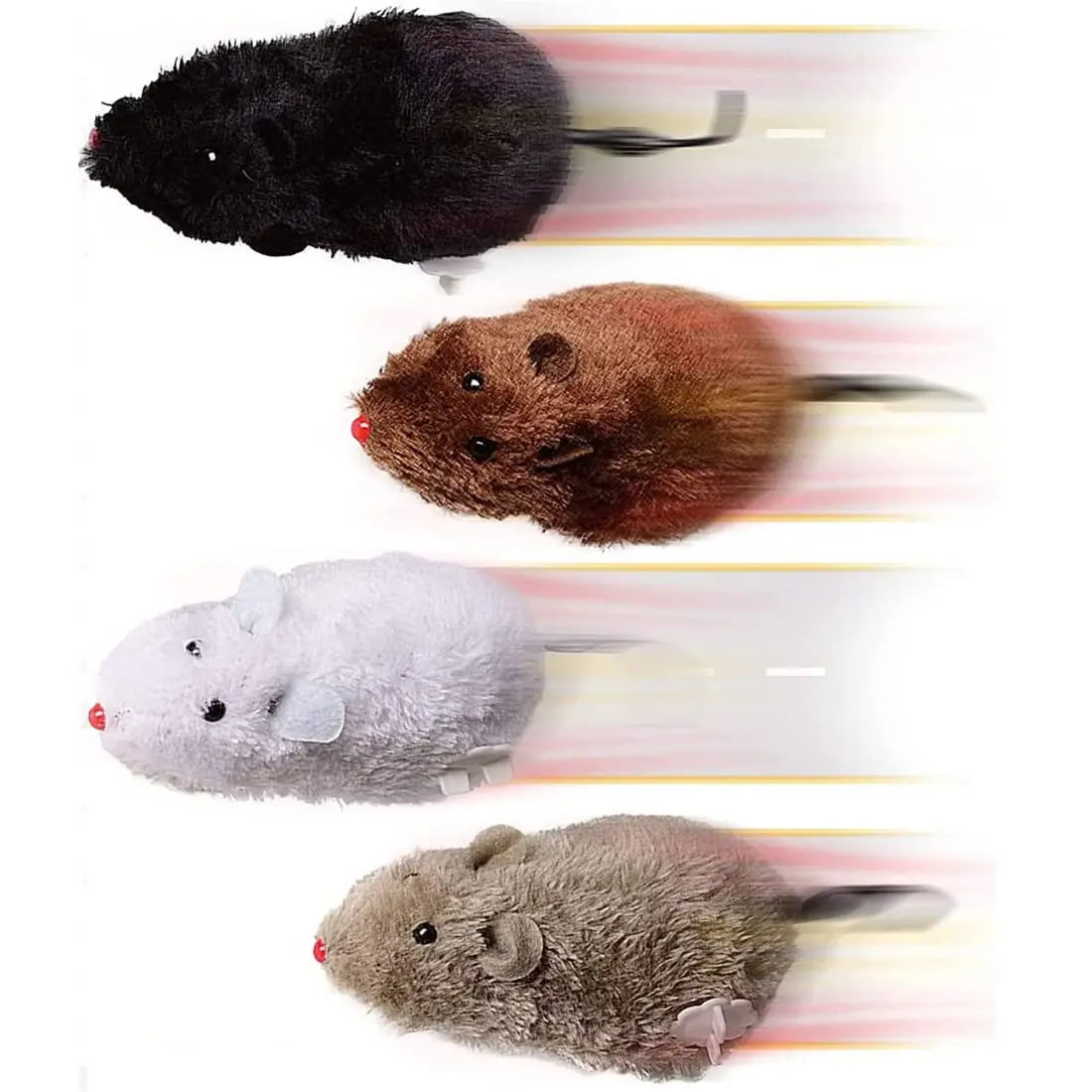 Four wind-up plush mouse cat toys in black, brown, white and grey shown with motion blur