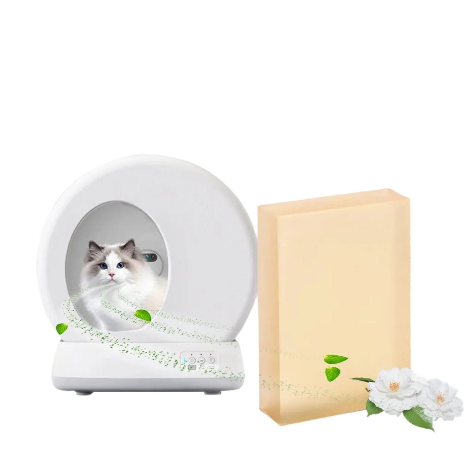 Automatic cat litter box with cat inside and pet odour eliminator block shown beside it