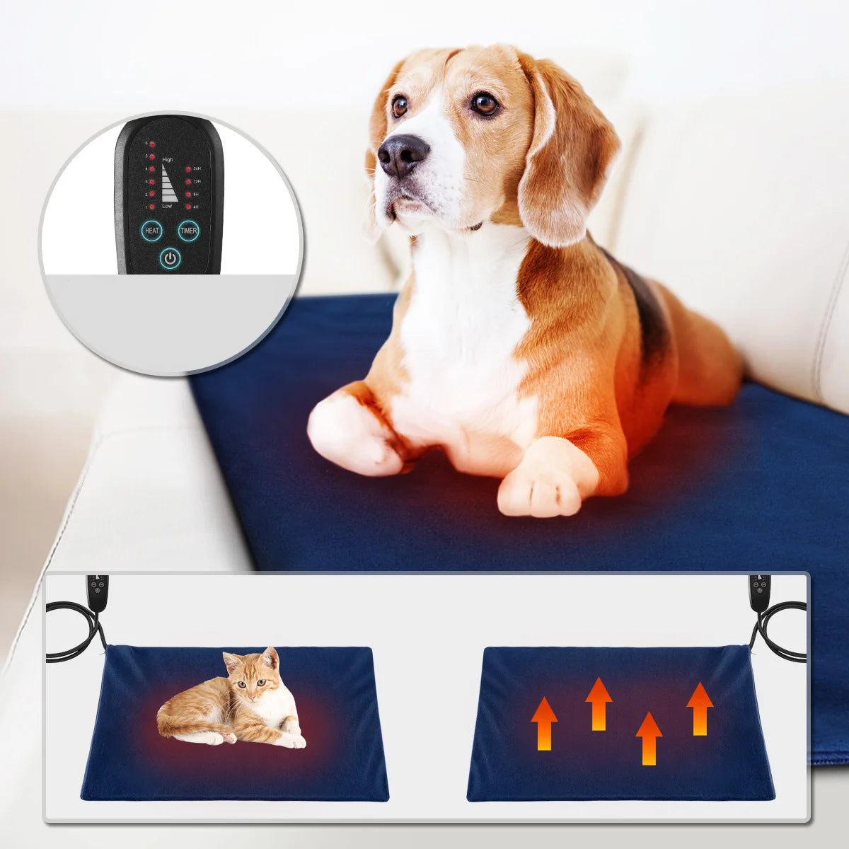 Blue electric heated pet mat with inline controller and removable blue and brown fabric covers