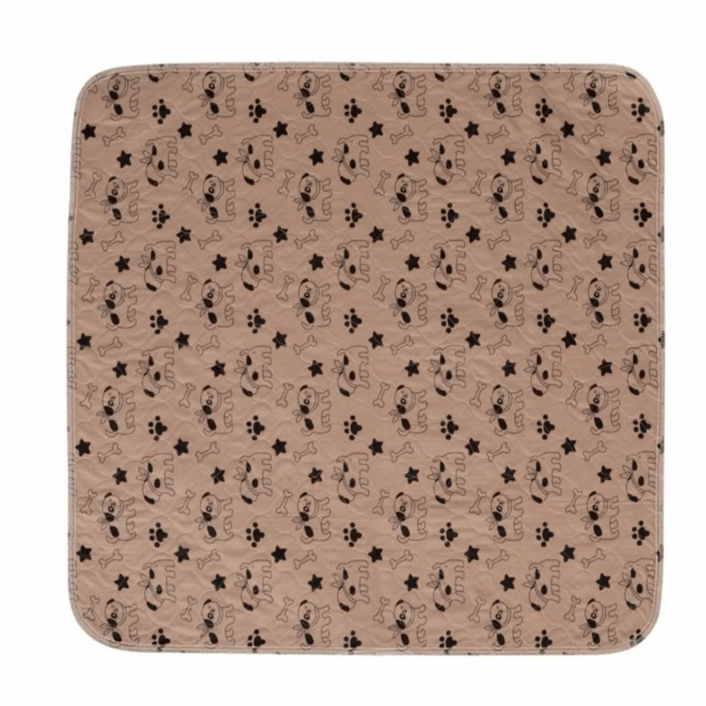 Beige rectangular dog bed mat with cartoon dog, paw print, bone and star pattern