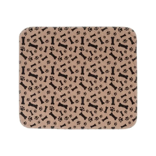Beige rectangular dog bed mat with black paw print and bone pattern and rounded corners