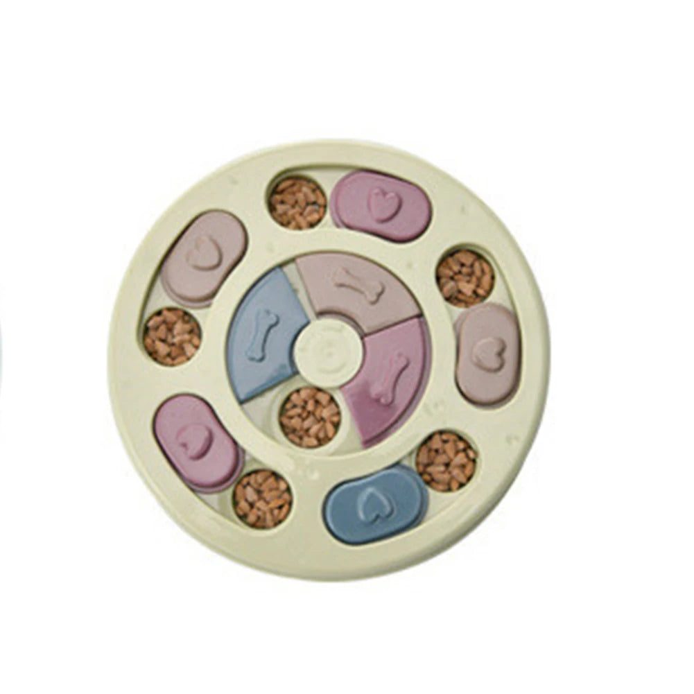 Beige interactive dog puzzle feeder with sliding treat compartments filled with dry dog food