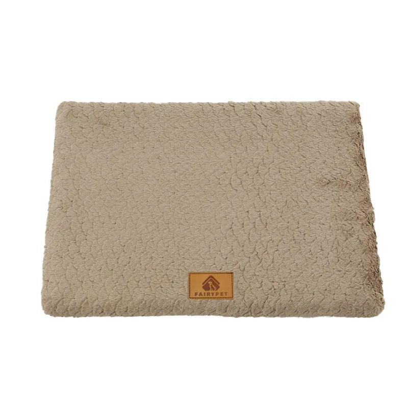 Beige plush dog bed mat with a soft textured cushioned surface