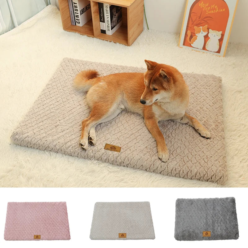 Dog resting on a beige plush dog bed mat with soft textured cushioning and pink, beige and grey colour options
