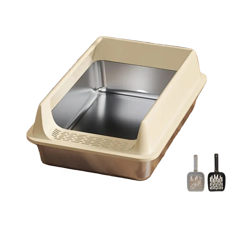 Beige stainless steel cat litter box with high sides, low front entry and two litter scoops
