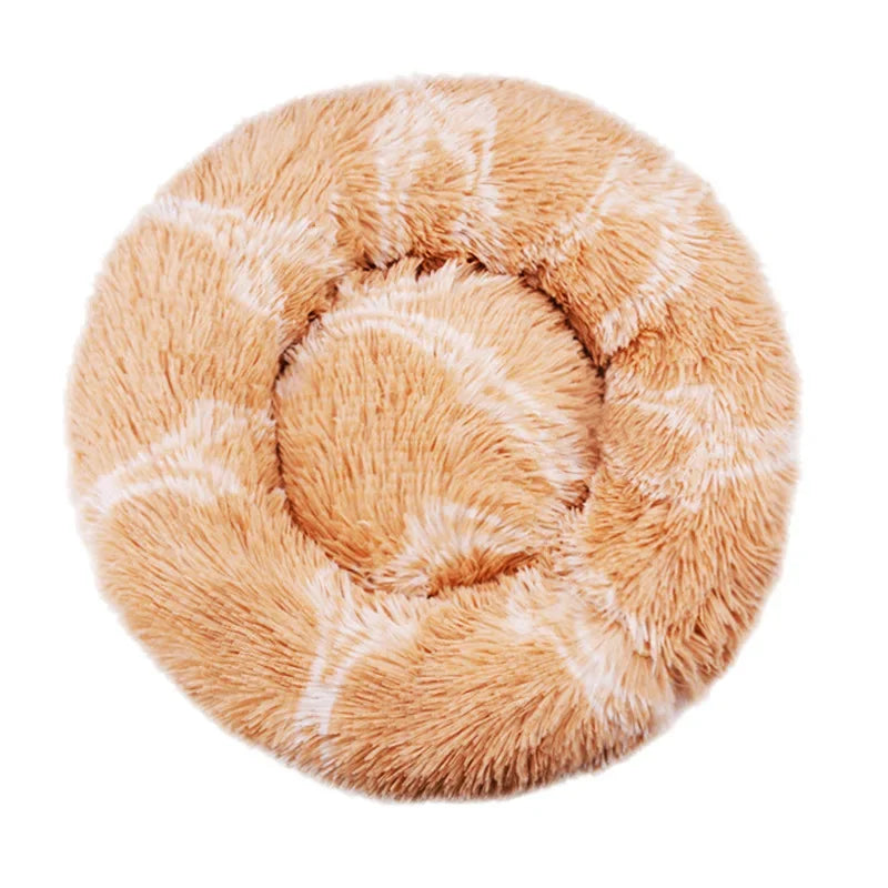 Beige striped plush donut pet bed with soft faux fur and raised cushioned sides for cats and small dogs