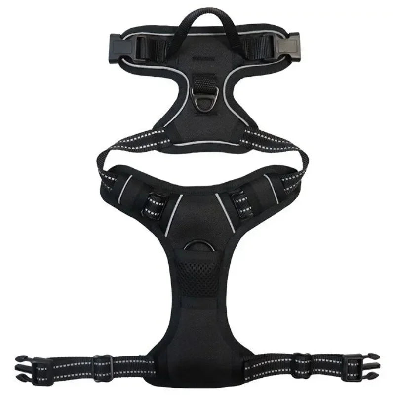 Black adjustable dog harness with reflective stitching, padded panels, grab handle and multiple leash attachment points
