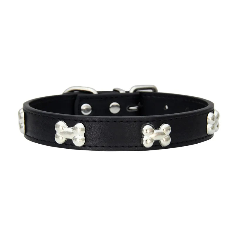 Black dog collar with silver bone-shaped studs and adjustable buckle fastening