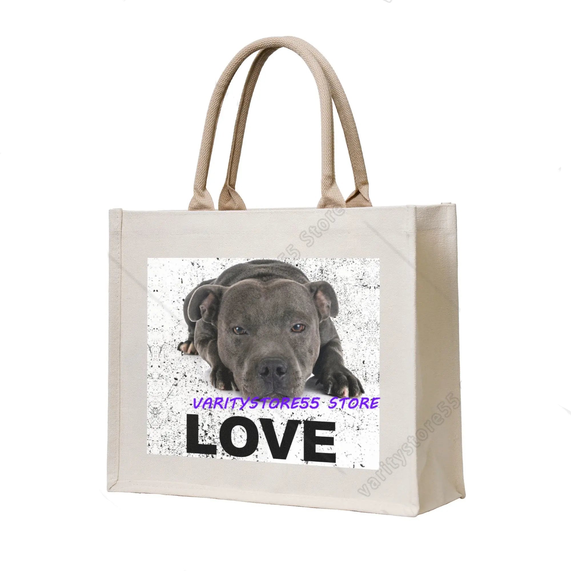 Cream canvas tote bag featuring a black dog portrait with the word Love printed below