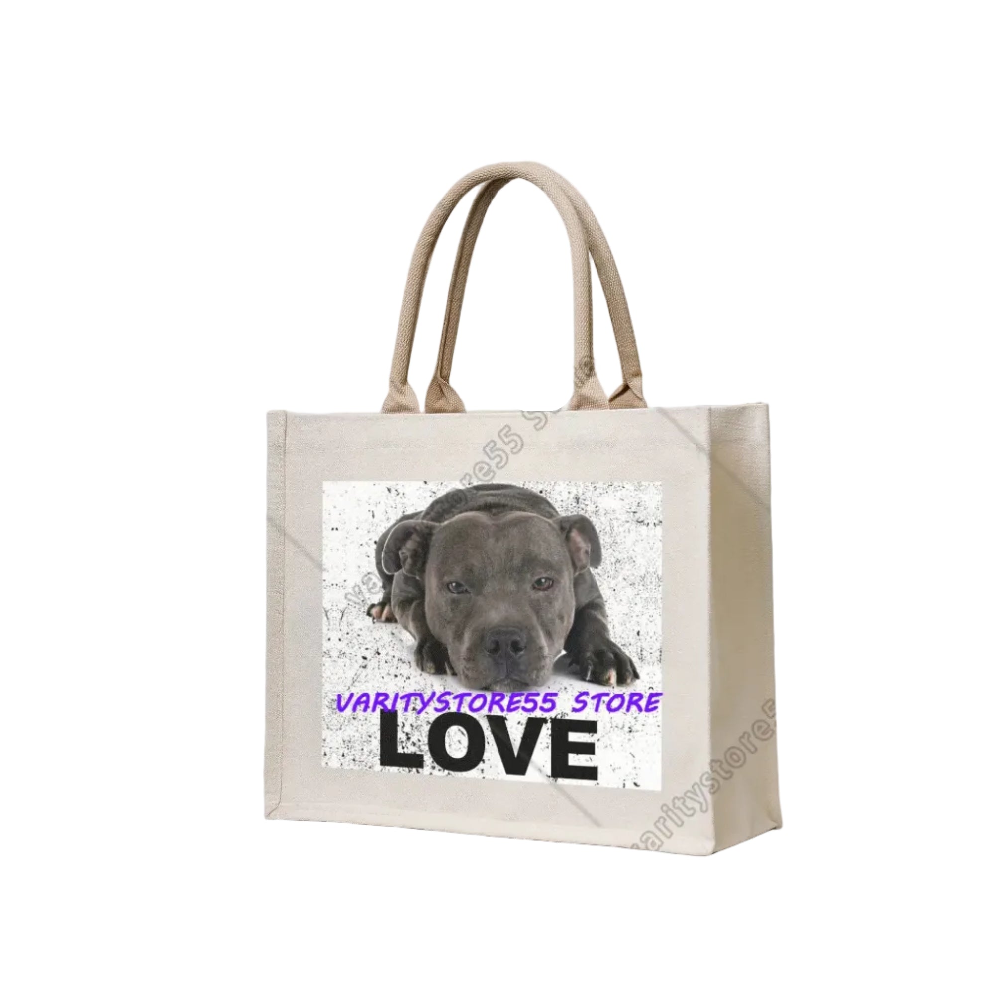 Cream canvas tote bag featuring a black dog portrait with the word Love printed below
