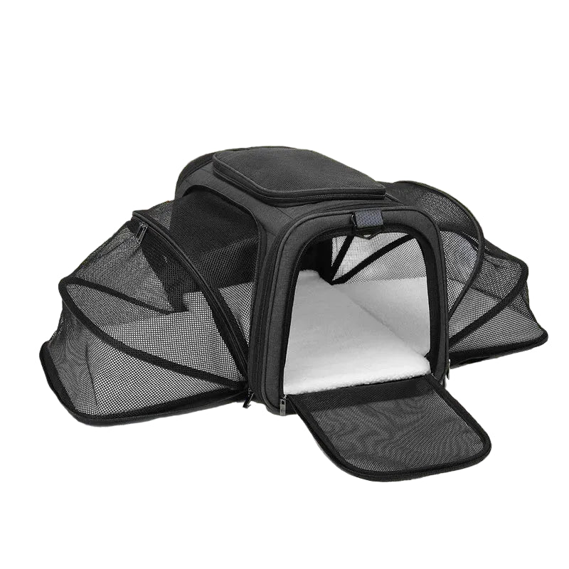 Black expandable mesh pet carrier with open front entry, breathable side panels and padded interior