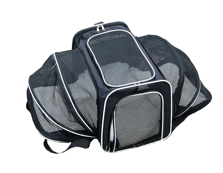 Black expandable mesh pet carrier with white trim, breathable side panels and zippered front and top openings