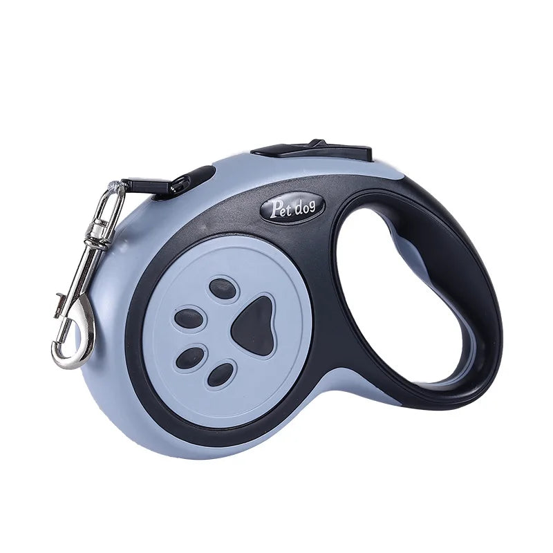 Black and grey retractable dog leash with paw print design, ergonomic handle and metal leash clip