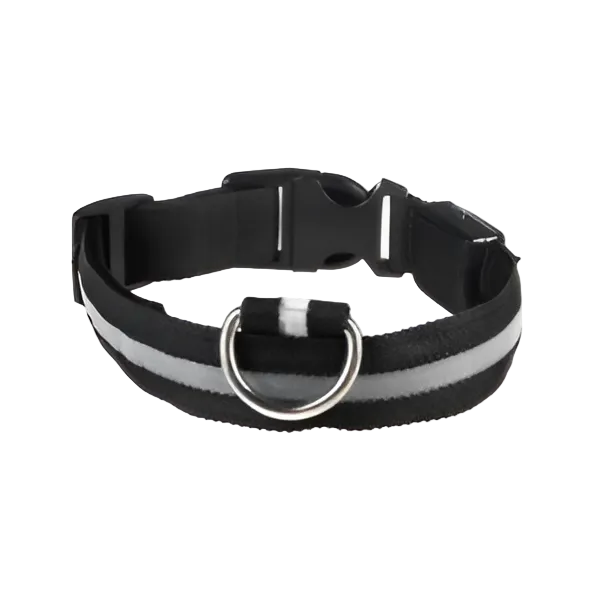 Black reflective dog collar with adjustable buckle, reflective strip and metal D-ring for leash attachment