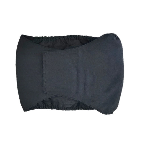 Reusable dog belly bands in grey, yellow and teal with adjustable fastening, shown with a dog wearing a black belly band