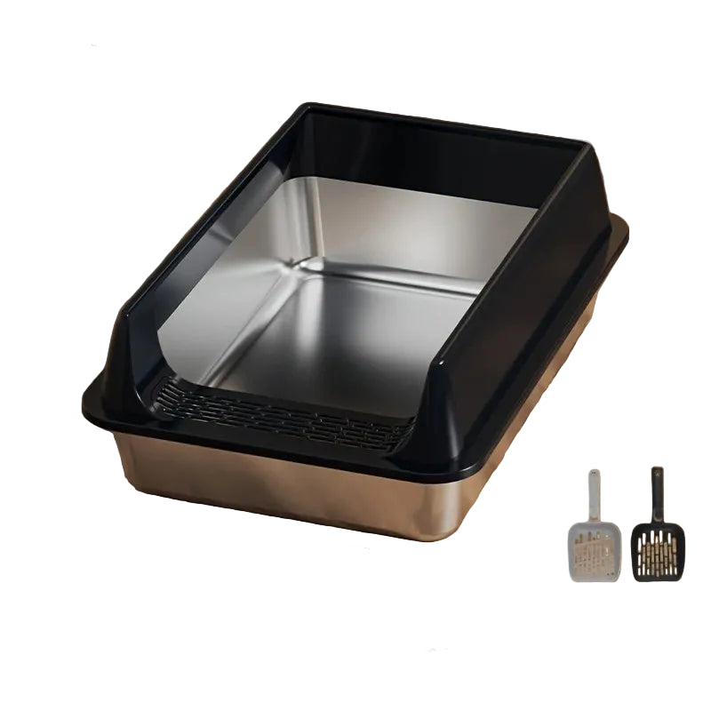 Black stainless steel cat litter box with high sides, low front entry and two litter scoops