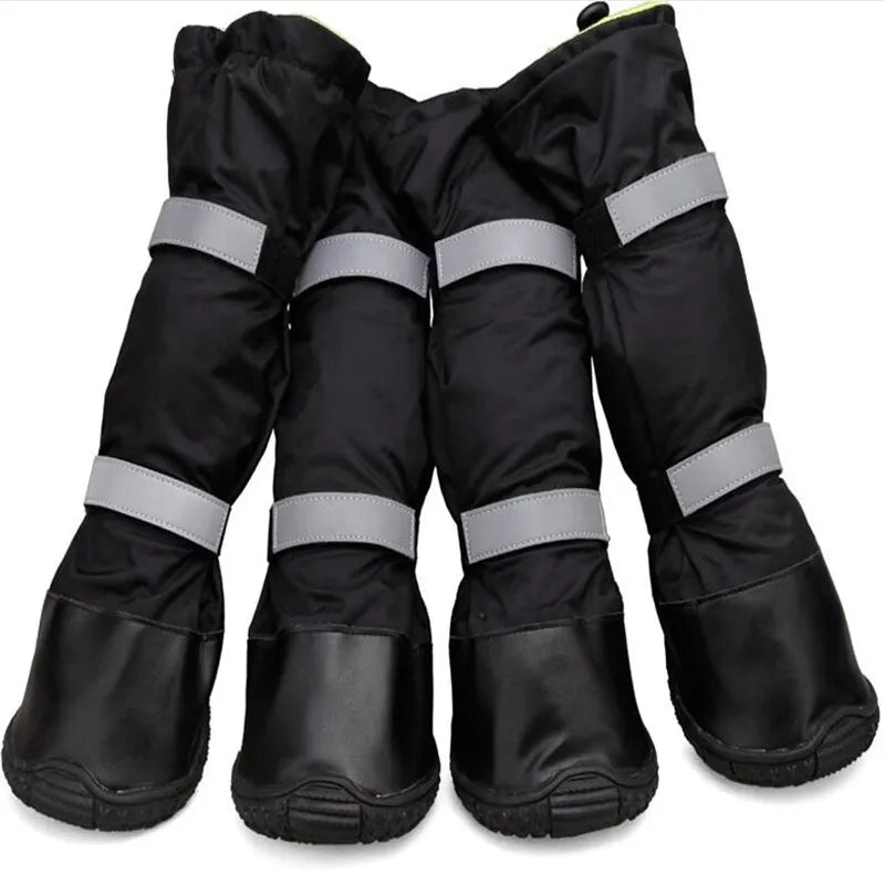 Set of four black waterproof dog boots with reflective straps and non-slip soles