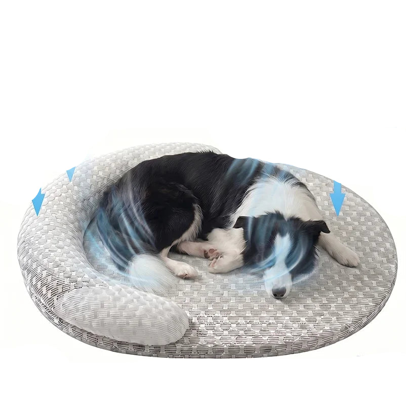 Black and white dog sleeping on a round orthopaedic pet bed with raised cushioned sides and breathable fabric