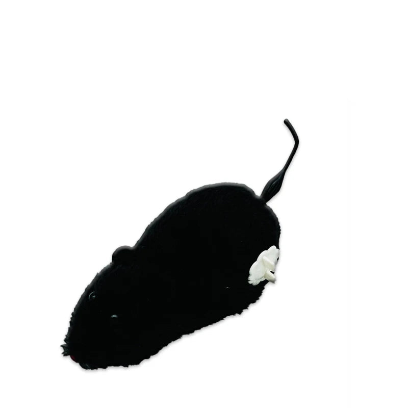 Black plush wind-up mouse cat toy with tail and white winding key