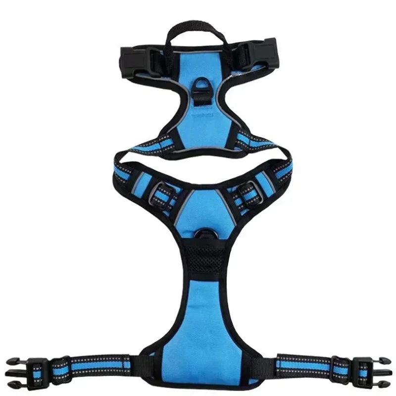 Blue and black adjustable dog harness with reflective straps, padded panels, grab handle and leash attachment rings