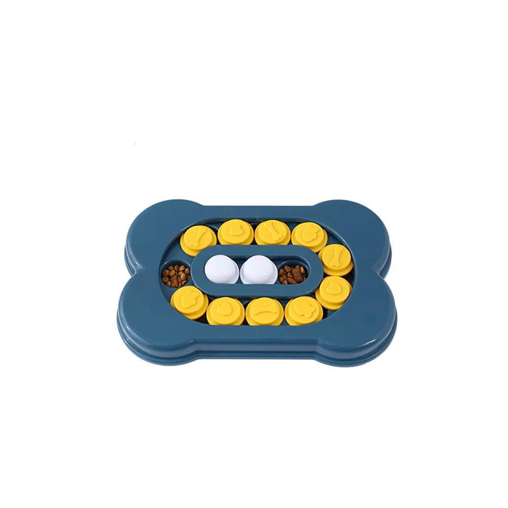 Blue bone-shaped interactive dog puzzle feeder with yellow sliding treat compartments and dry dog food
