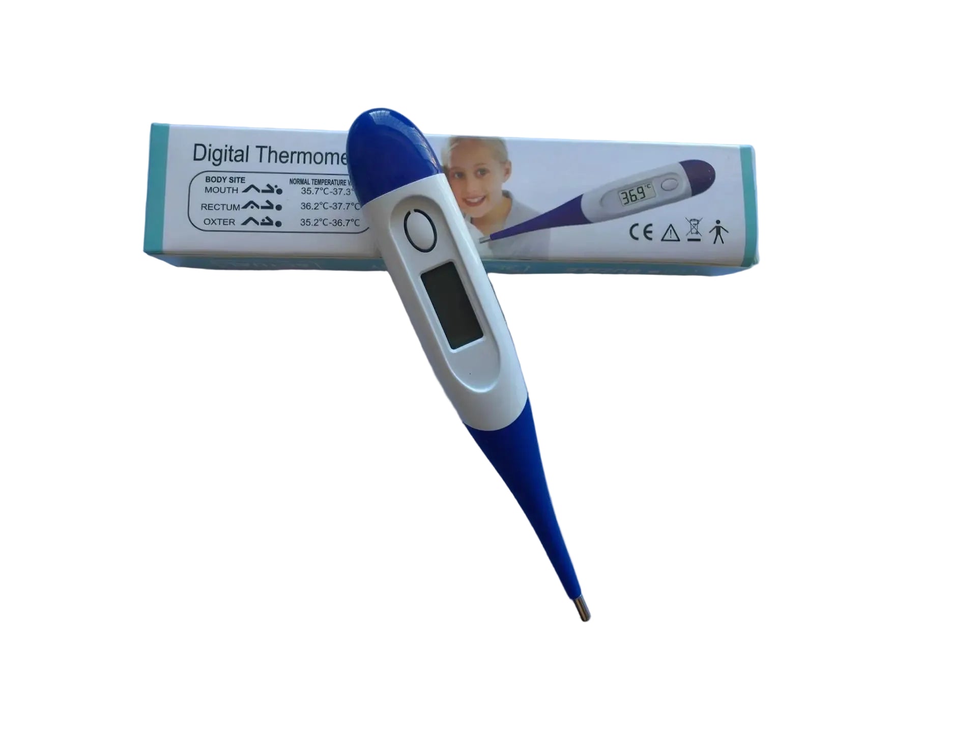 Blue and white digital thermometer with LCD display shown in front of its product packaging