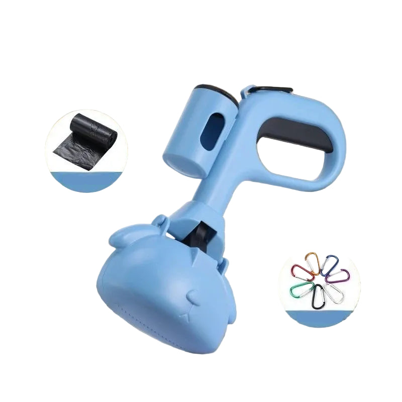 Blue dog poop bag dispenser with waste bags and colourful carabiner clips