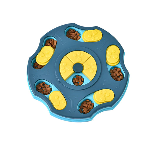 Pink round interactive dog puzzle feeder with sliding treat compartments filled with dry dog food