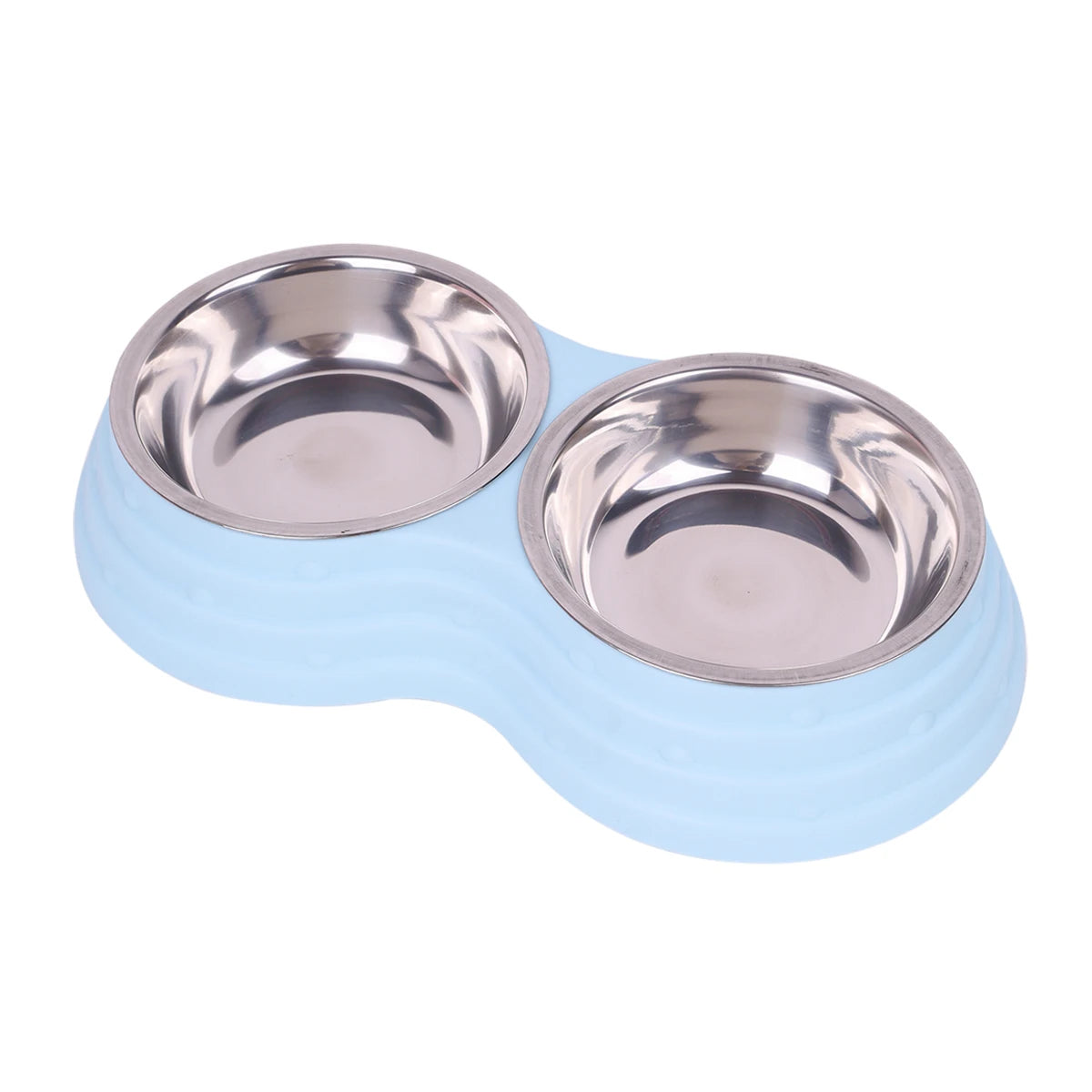 Blue double pet bowl set with two stainless steel bowls for dog or cat food and water