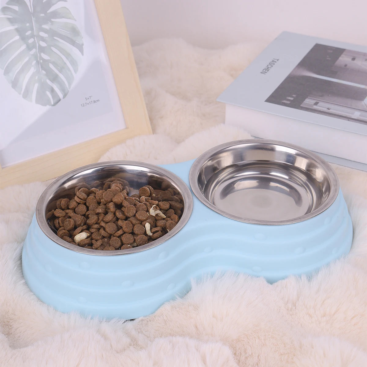 Blue double pet bowl set with stainless steel bowls filled with dry pet food and water