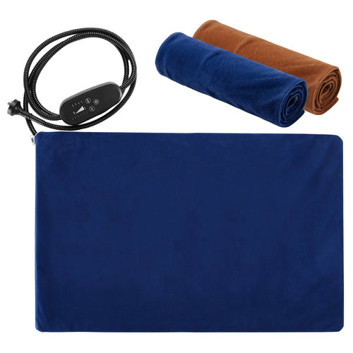 Blue electric heated pet mat with inline controller and removable blue and brown fabric covers