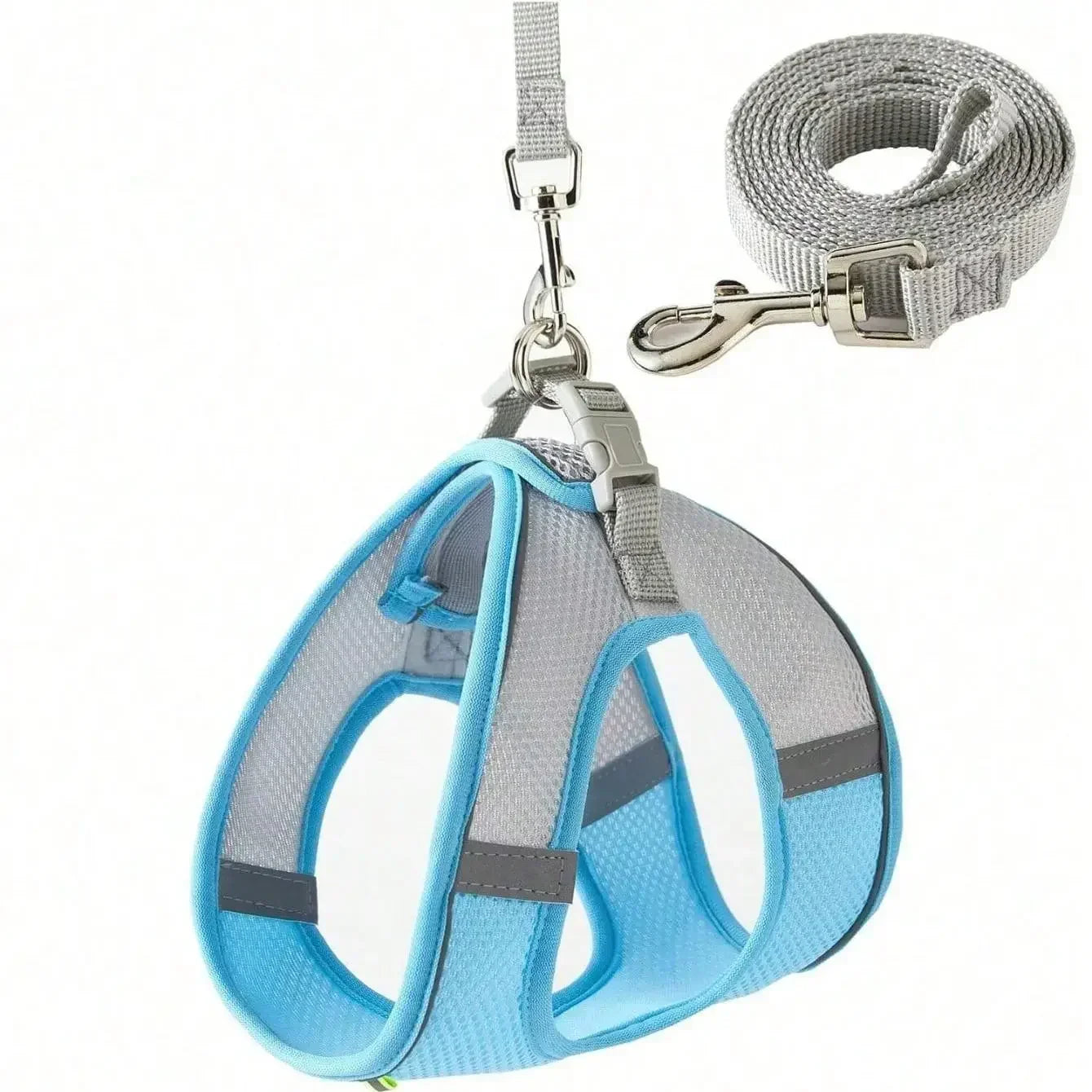Blue and grey breathable mesh dog harness with reflective trim, adjustable straps and matching leash