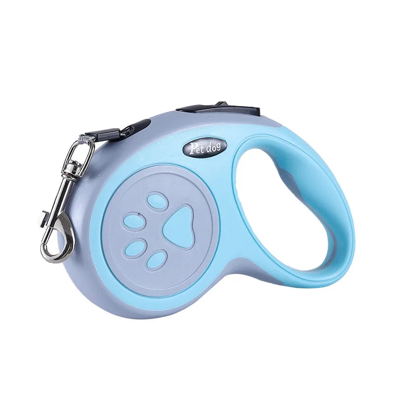 Blue and grey retractable dog leash with paw print design, ergonomic handle and metal leash clip