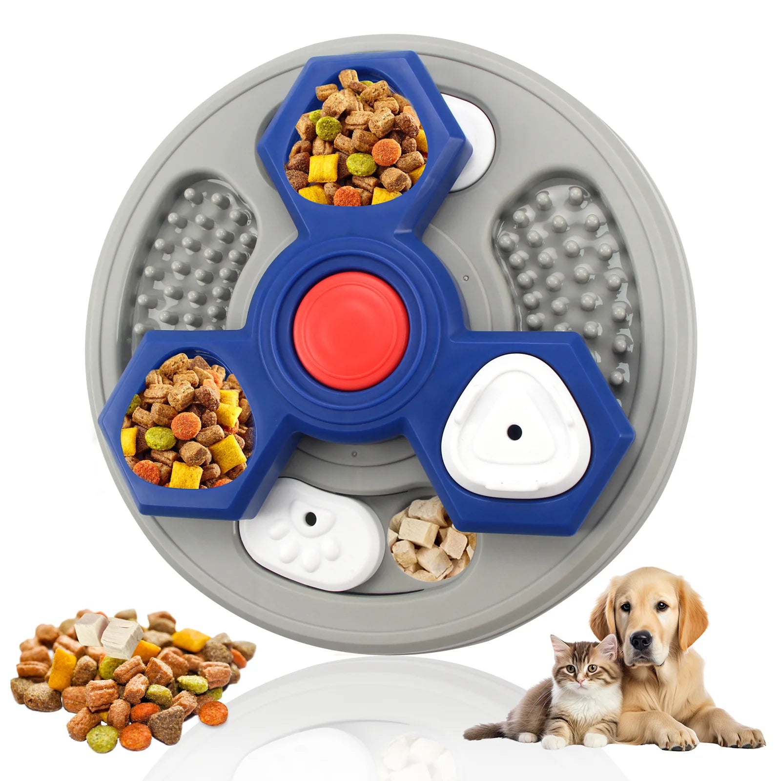 Blue and grey rotating puzzle feeder with treat compartments for dogs and cats, shown with dry pet food