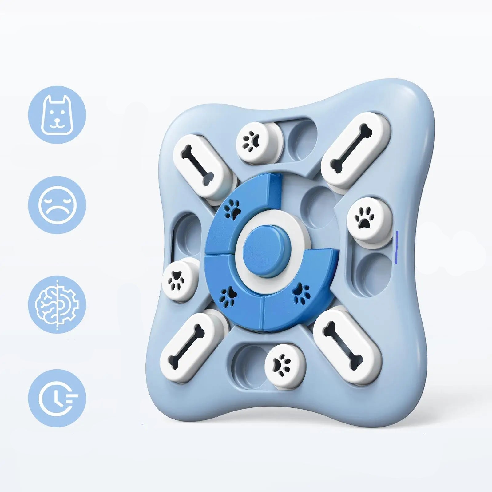 Blue interactive dog puzzle toy with sliding treat compartments designed for mental stimulation and enrichment