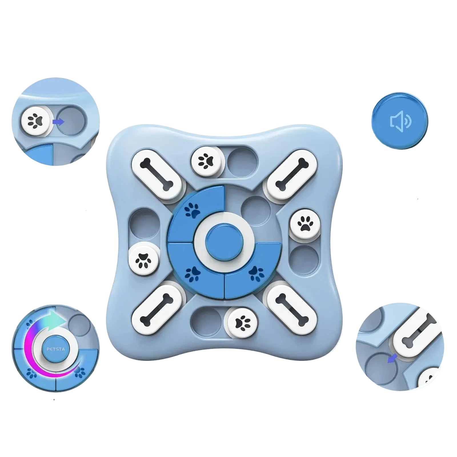 Blue interactive dog puzzle treat toy with sliding compartments, rotating centre and sound button