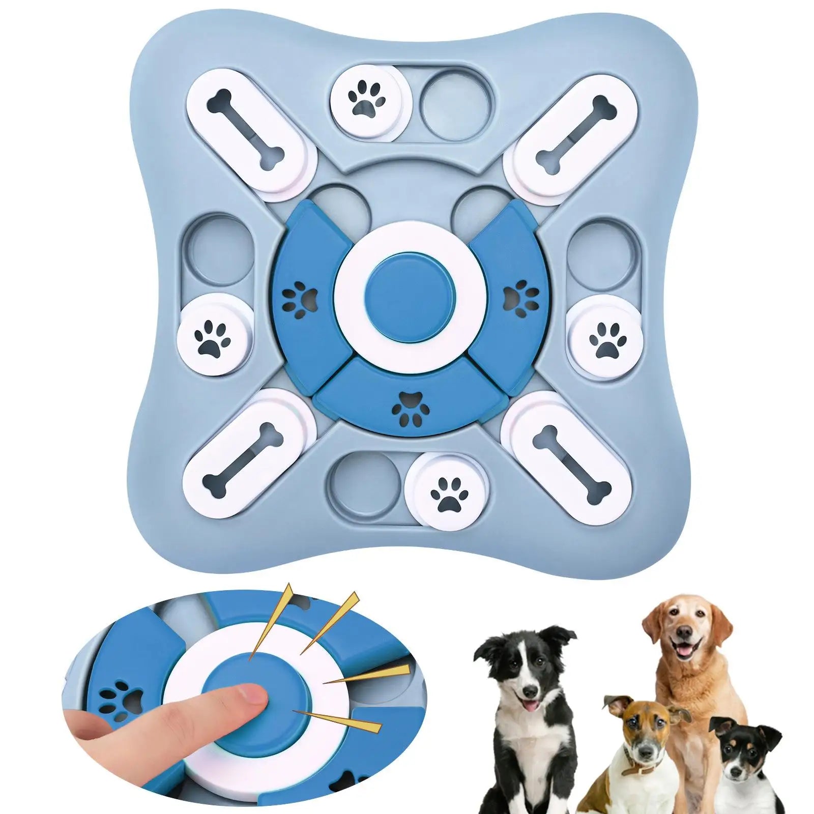 Blue interactive dog puzzle treat toy with sliding compartments and push button for mental stimulation
