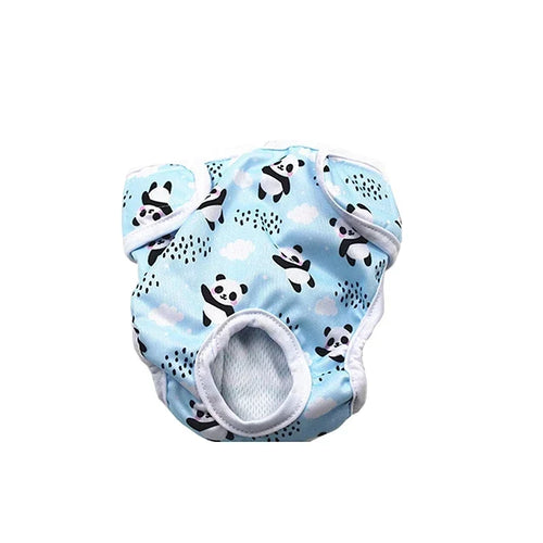 Reusable female dog diapers in assorted colourful patterns shown on a dog and in multiple design options