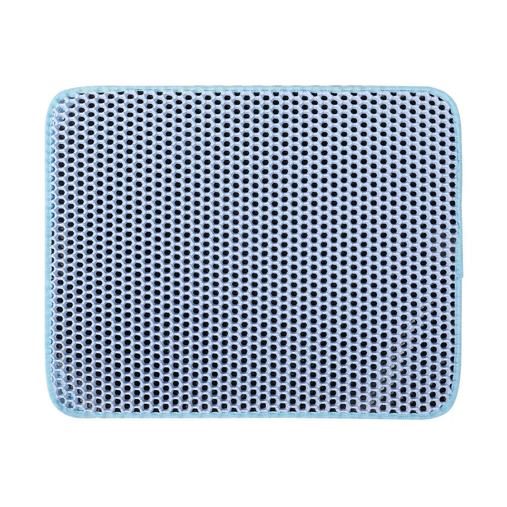 Blue rectangular pet mat with perforated non-slip surface and rounded corners
