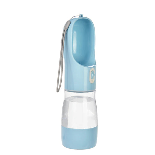 Blue portable dog water bottle with built-in drinking bowl, clear water reservoir and wrist strap