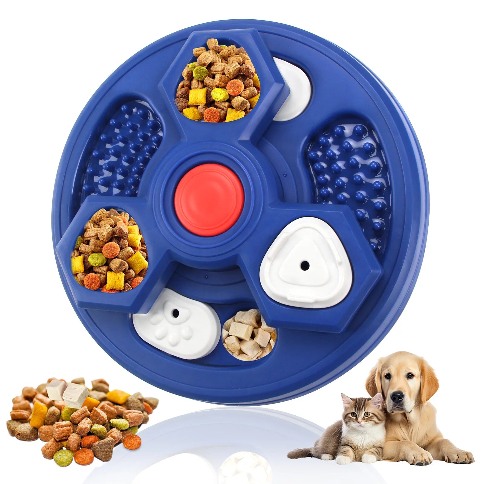 Blue rotating puzzle feeder with treat compartments and textured sections for dogs and cats.