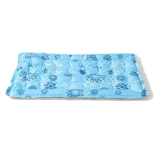 Blue pet cooling mat with snowflake print and quilted padded design