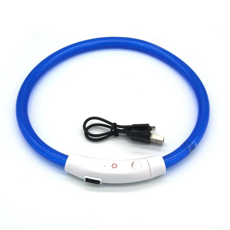 Blue USB rechargeable LED dog collar with illuminated tube, power switch and charging cable