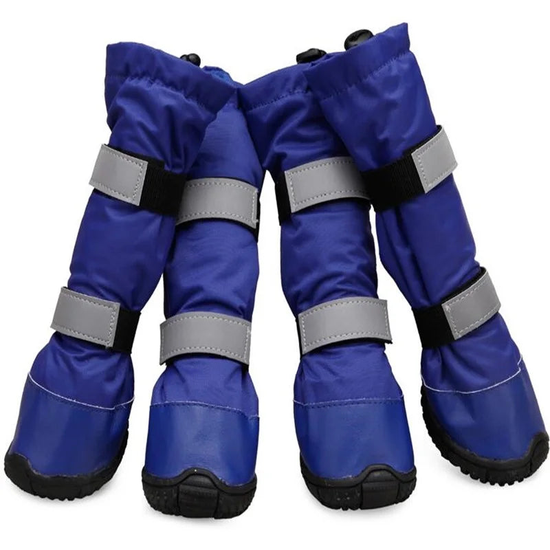 Set of four blue waterproof dog boots with reflective straps and non-slip soles