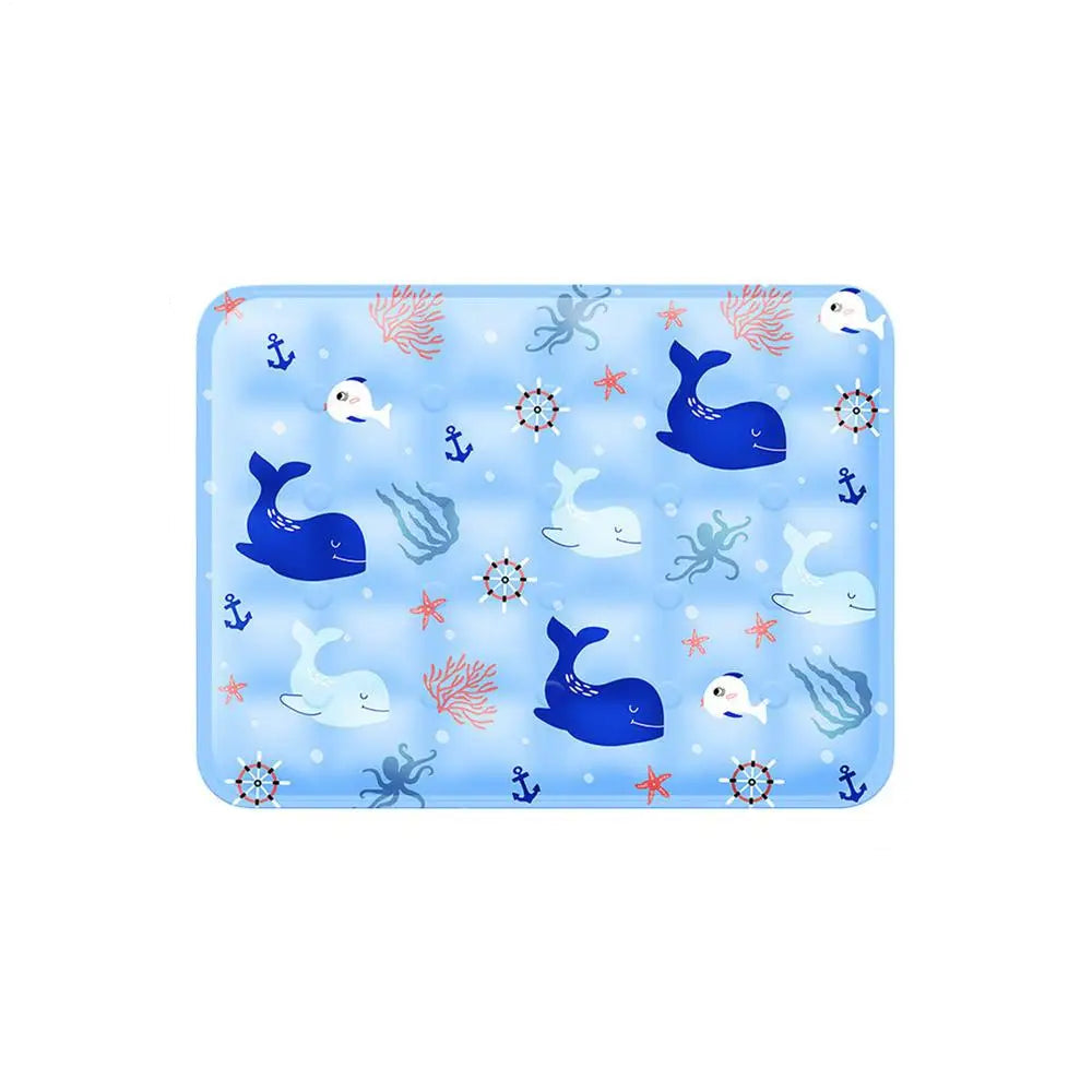Blue pet cooling mat with whale, anchor, coral and ocean-themed print