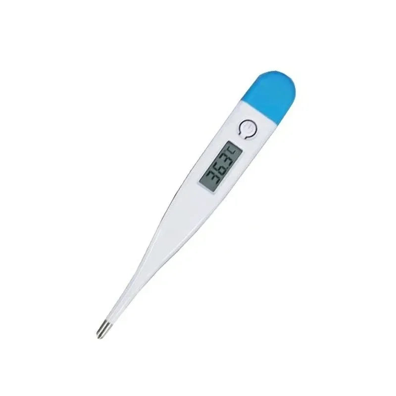 Blue and white digital pet thermometer with LCD temperature display, power button and metal probe tip